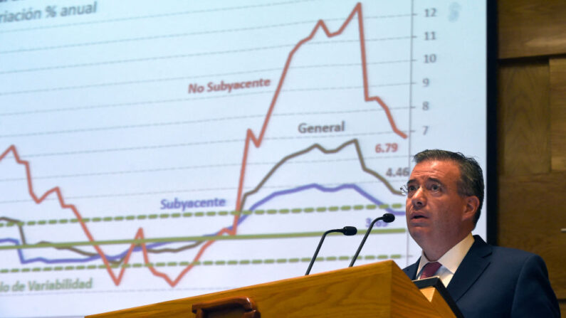 Una foto de archivo de Alejandro Díaz de León, gobernador del Banco de México, entrega un informe trimestral de inflación en la Ciudad de México, el 30 de mayo de 2018. (ALFREDO ESTRELLA/AFP vía Getty Images)