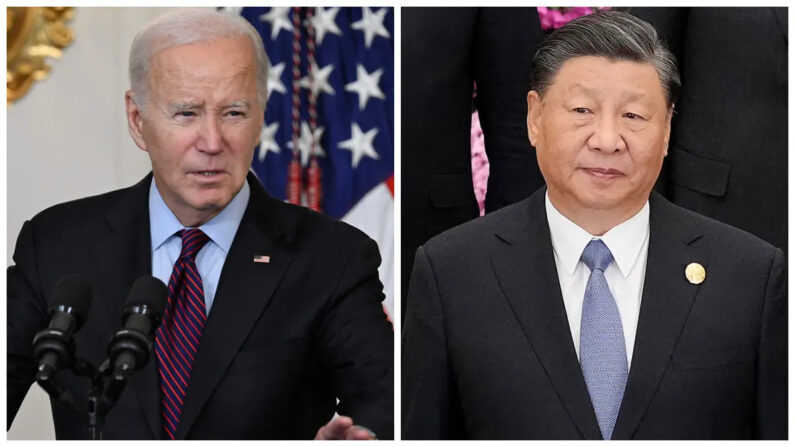 (Izquierda) El presidente de Estados Unidos, Joe Biden, en el Comedor de Estado de la Casa Blanca, en Washington, el 31 de octubre de 2023. (Derecha) El líder chino Xi Jinping en el tercer Foro de la Franja y la Ruta para la Cooperación Internacional en Beijing el 18 de octubre de 2023. (Andrew Caballero-Reynolds, Suo Takekuma/AFP vía Getty Images)
