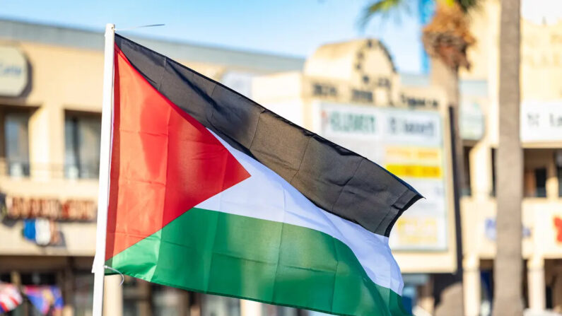 Manifestantes ondean banderas en apoyo a los palestinos en Los Ángeles el 12 de octubre de 2023. (John Fredricks/The Epoch Times)
