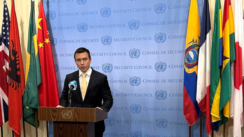 El presidente ecuatoriano, Daniel Noboa, habla este jueves 7 de diciembre de 2023 durante una rueda de prensa en la sede de las Naciones Unidas en Nueva York (EE.UU). EFE/Javier Otazu
