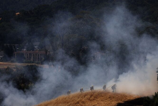 Los bomberos del condado de Marin suben una manguera por una colina durante un entrenamiento de quema controlada el 16 de junio de 2023 en San Rafael, California. (Justin Sullivan/Getty Images)