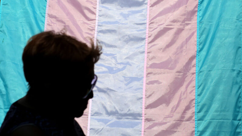 Una persona pasa junto a una bandera transgénero durante el TransFest 2023, en el barrio de Queens, Nueva York, el 29 de julio de 2023. (LEONARDO MUNOZ/AFP vía Getty Images)