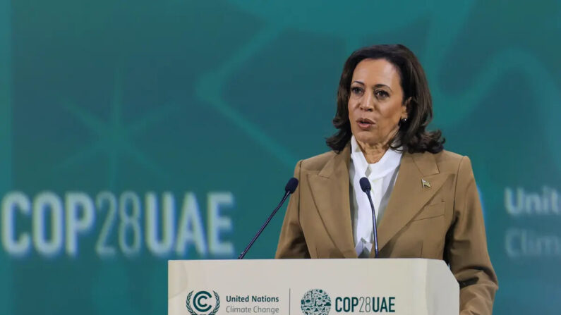 La vicepresidenta de Estados Unidos, Kamala Harris, habla en la cumbre climática de las Naciones Unidas COP28, en Dubai, el 2 de diciembre de 2023. (Karim Sahib/AFP vía Getty Images)
