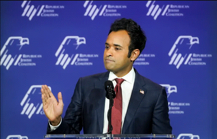 El candidato presidencial republicano Vivek Ramaswamy habla en la Coalición Judía Republicana en Las Vegas, Nevada, el 28 de octubre de 2023. (Madalina Vasiliu/The Epoch Times)