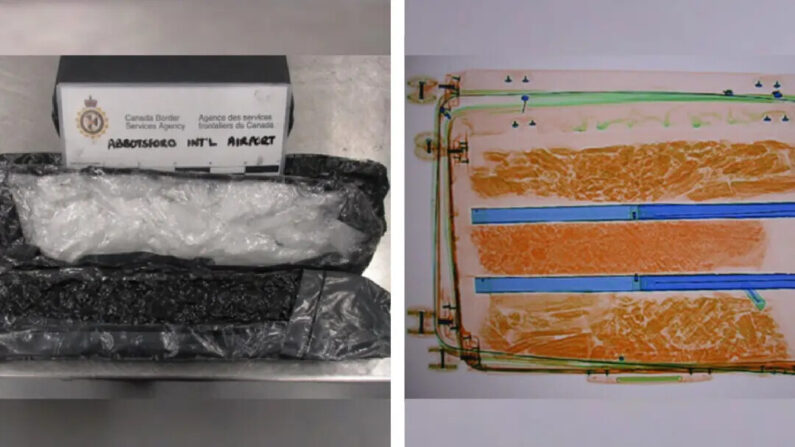 Cocaína y metanfetamina, ocultas en una maleta, incautadas en el Aeropuerto Internacional de Abbotsford, en Columbia Británica, el 29 de marzo de 2023. (Comunicado de la CBSA)