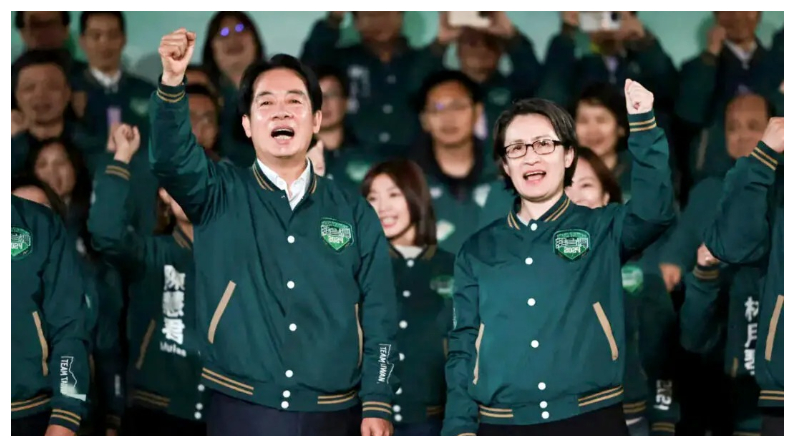 El presidente electo de Taiwán, Lai Ching-te (izq.), gesticula junto a su compañera de fórmula, Hsiao Bi-khim, durante un mitin frente a la sede del Partido Democrático Progresista (PDP) en Taipéi, el 13 de enero del 2024. (Yasuyoshi Chiba/AFP vía Getty Images)