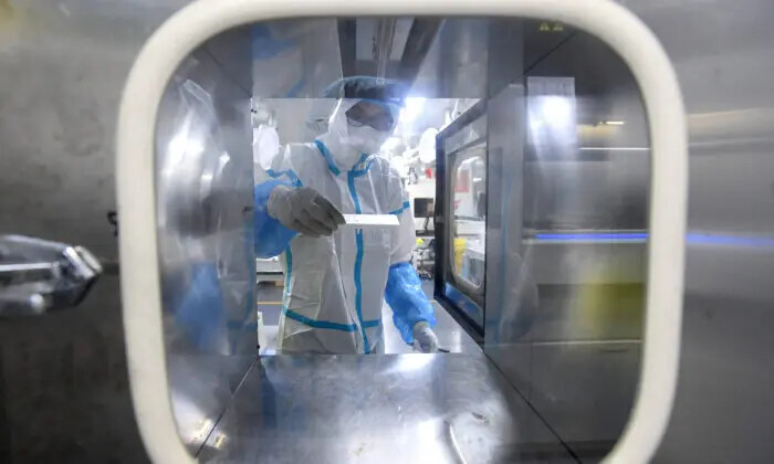 Un técnico de laboratorio que usa equipo de protección personal (PPE) trabaja en muestras que se analizarán para detectar el coronavirus Covid-19 en el laboratorio Fire Eye, una instalación de pruebas de Covid-19, en Wuhan, China, el 5 de agosto de 2021. (STR/ AFP vía Getty Images)
