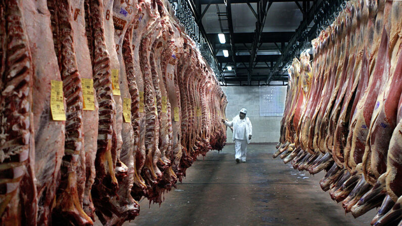 Un trabajador inspecciona mitades de carne en el congelador de la cooperativa Yaguane Meat Processing Plant el 29 de julio de 2005 en la provincia de Buenos Aires, Argentina. (Daniel Garcia/AFP vía Getty Images)