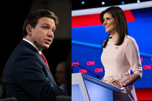 Los candidatos presidenciales republicanos Ron DeSantis (izq.), gobernador de Florida, y Nikki Haley (der.), exgobernadora de Carolina del Sur, participan en el debate de CNN sobre las primarias presidenciales del Partido Republicano en la Universidad Drake de Des Moines, Iowa, el 10 de enero del 2024. (Madalina Vasiliu/The Epoch Times)