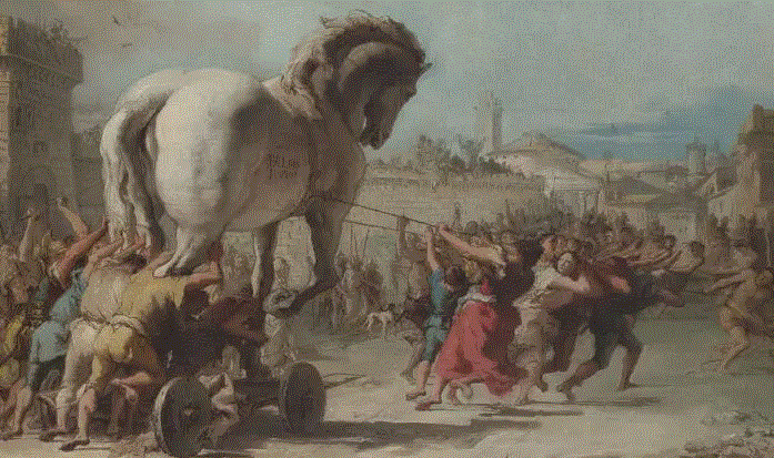Procesión del Caballo de Troya en Troya de Giovanni Tiepolo,  cerca del año 1760. (Dominio publico)