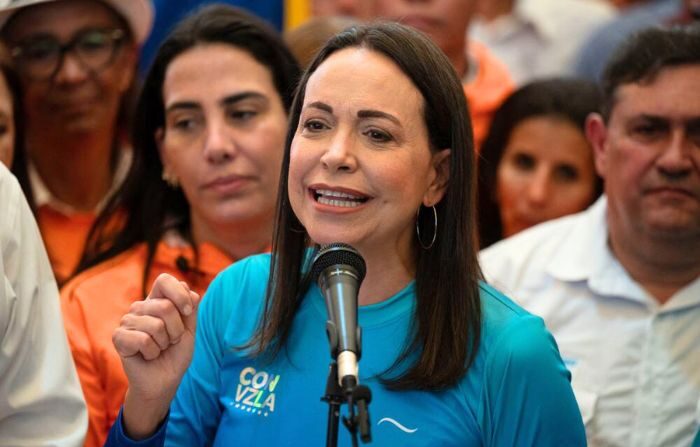 Una foto de archivo de la candidata a la presidencia Corina Machado. (Federico ParraA/AFP vía Getty Images)