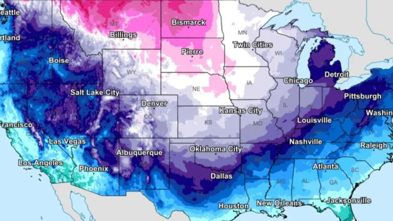 Un mapa del Servicio Meteorológico Nacional, muestra las temperaturas previstas relacionadas con la sensación térmica en todo Estados Unidos, publicado el 10 de enero de 2024. (Cortesía del Servicio Meteorológico Nacional)