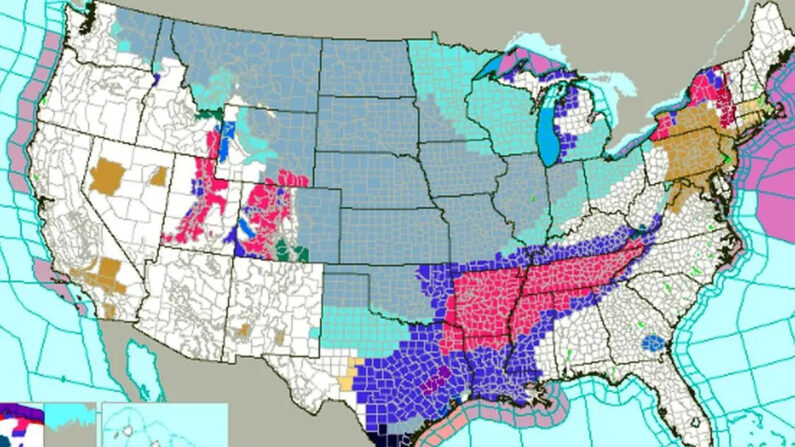 Un mapa del Servicio Meteorológico Nacional de EE.UU., publicado el 14 de enero de 2024, muestra varias alertas y avisos meteorológicos en todo Estados Unidos. (SMN)