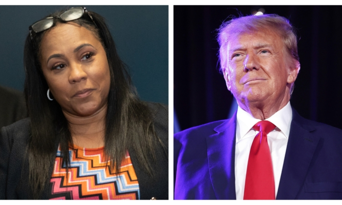 La fiscal del condado de Fulton, Fani Willis, en la sede de la Policía de Atlanta el 3 de mayo de 2023; el expresidente Donald Trump se prepara para pronunciar un discurso en Las Vegas el 8 de julio de 2023. (Megan Varner; Mario Tama/Getty Images)
