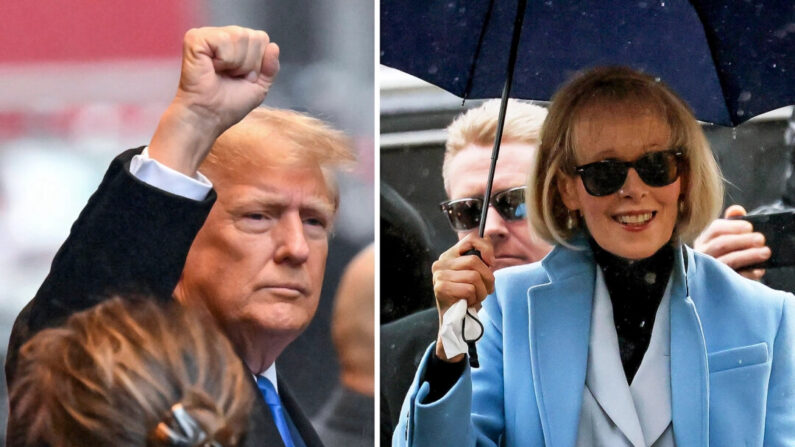 (Izquierda) El expresidente Donald Trump en Nueva York, el 25 de enero. (Angela Weiss/AFP via Getty Images) / (Derecha) E. Jean Carroll en la Corte Federal de Manhattan, el 25 de enero. (Michael M. Santiago/Getty Images)