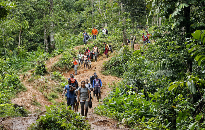 Migrantes suben una montaña con la intención de llegar a Panamá, en el Tapón del Darién, Colombia, en una fotografía de archivo. (EFE/ Mauricio Dueñas Castañeda)