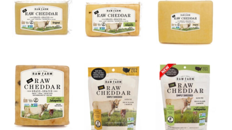 Productos de queso Cheddar crudo de la marca RAW FARM retirados del mercado. (FDA)