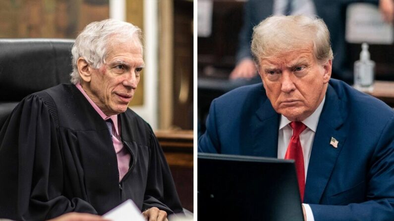 (Izquierda) El juez del Tribunal Supremo de Nueva York Arthur Engoron. (Dave Sanders/Pool Photo via AP) (Derecha) El expresidente Donald Trump en la sala del tribunal de Nueva York el 17 de octubre de 2023. (Seth Wenig/Pool/Getty Images)