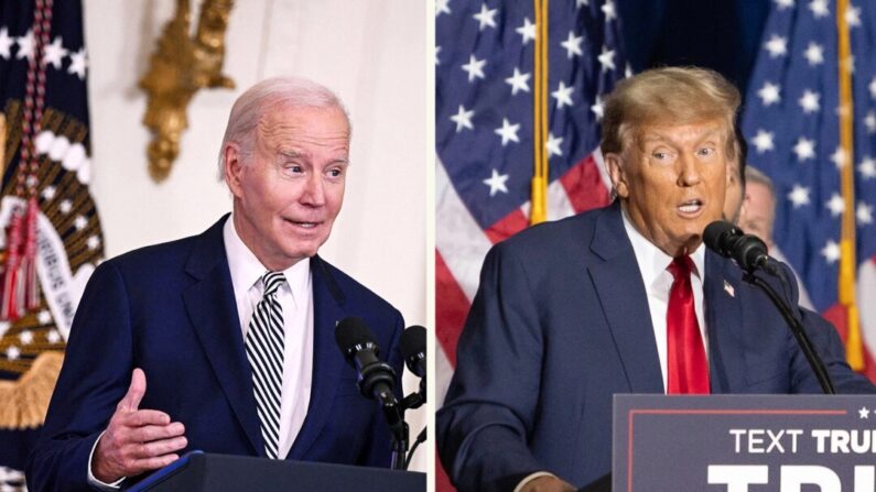 (I) El presidente Joe Biden. (Brendan Smialowski/AFP vía Getty Images); el ex presidente Donald Trump. (John Fredricks/The Epoch Times)