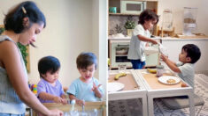 Mamá nombrada “perezosa” por su tipo de crianza muestra a sus gemelos de 2 años preparando el desayuno
