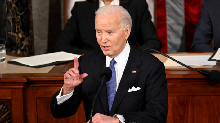 El presidente Joe Biden pronuncia el discurso sobre el Estado de la Unión en la Cámara de Representantes del Capitolio de EE.UU. en Washington, D.C., el 7 de marzo de 2024. (Mandel Ngan/AFP/Getty Images)