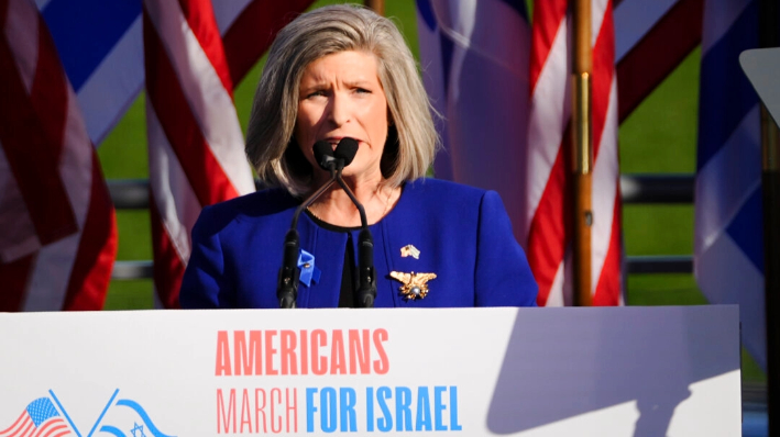 La senadora Joni Ernst (R-Iowa) habla en una marcha por Israel en Washington el 14 de noviembre de 2023. (Madalina Vasiliu/The Epoch Times)