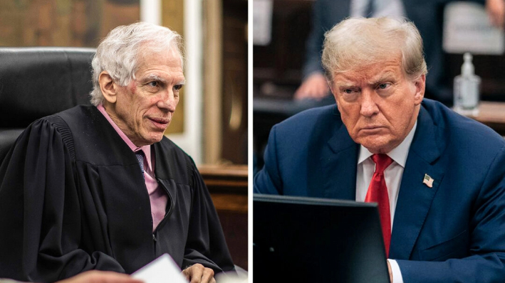 (Izquierda) El juez del Tribunal Supremo del Estado de Nueva York, Arthur Engoron. (Dave Sanders/Pool Photo via AP) (Derecha) El expresidente Donald Trump en la sala del tribunal, el 17 de octubre de 2023. (Seth Wenig/Pool/Getty Images)