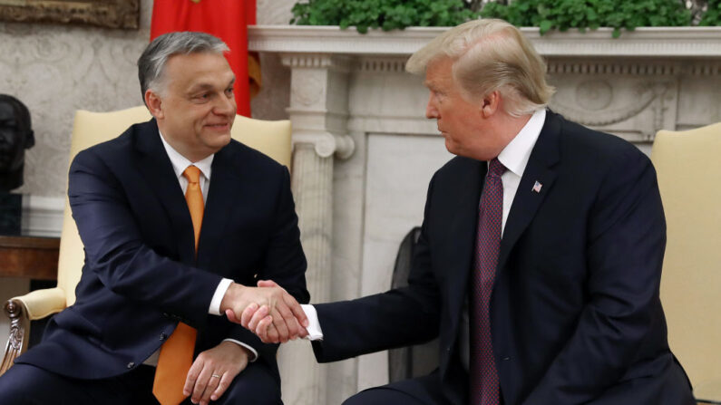 El presidente de Estados Unidos, Donald Trump, estrecha la mano del primer ministro húngaro, Viktor Orban, durante una reunión en el Despacho Oval el 13 de mayo de 2019 en Washington, DC. (Mark Wilson/Getty Images)