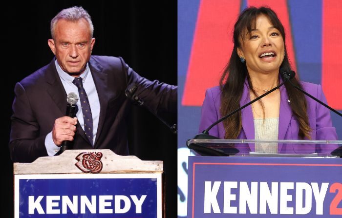 Izq. El candidato presidencial entonces demócrata Robert F. Kennedy Jr. habla en un evento del Mes de la Herencia Hispana en el Teatro Wilshire Ebell el 15 de septiembre de 2023 en Los Ángeles, California. (Mario Tama/Getty Images) Der. La candidata a la vicepresidencia independiente Nicole Shanahan habla durante un evento de campaña para anunciar la elección del candidato presidencial independiente Robert F. Kennedy Jr. como compañero de fórmula en el Henry J. Kaiser Event Center el 26 de marzo de 2024 en Oakland, California. (Justin Sullivan/Getty Images) 