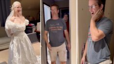 Mujer se prueba su vestido de novia de hace 28 años tras perder 36 kilos ¡Su esposo queda impresionado!