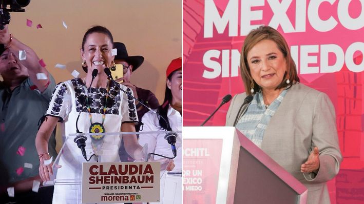 Claudia Sheinbaum, participa en un acto público en la ciudad de San Pedro Cholula, Puebla, el 10 de marzo de 2024.  (EFE/Hilda Ríos) | Xóchitl Gálvez durante su conferencia matutina el 11 de marzo de 2024. (Cortesía: Xóchitl Gálvez)