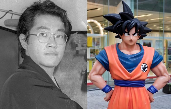 (Izq.) Akira Toriyama, creador del exitoso Dragon Ball, fotografiado en 1982 (Kyodo News vía AP) | (Dcha). Estatua de Son Goku frente a la empresa Bandai Co. en Tokio, Japón, el 8 de marzo de 2024. (Foto vía EFE)

