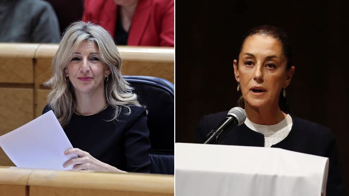 La vicepresidenta de España, Yolanda Díaz, durante una sesión del Congreso el 10 de enero de 2024. (THOMAS COEX/AFP via Getty Images) / La candidata presidencial, Claudia Sheinbaum luego de firmar el compromiso por la paz con la iglesia mexicana el 11 de marzo de 2024. (EFE/Sáshenka Gutiérrez)