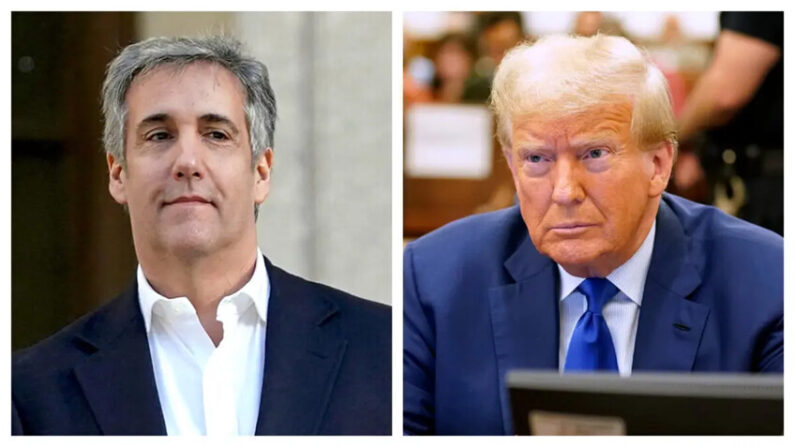 (Izq.) El exabogado del expresidente Donald Trump, Michael Cohen, abandona la Corte Suprema del estado de Nueva York después de testificar en el juicio a Trump por presunto fraude, en la ciudad de Nueva York, el 25 de octubre de 2023. (Timothy A. Clary/AFP vía Getty Images); (Der.) El expresidente Donald Trump comparece ante el tribunal durante su juicio por fraude civil en la Corte Suprema del Estado de Nueva York, en la ciudad de Nueva York, el 25 de octubre de 2023. (Seth Wenig-Pool/Getty Images)
