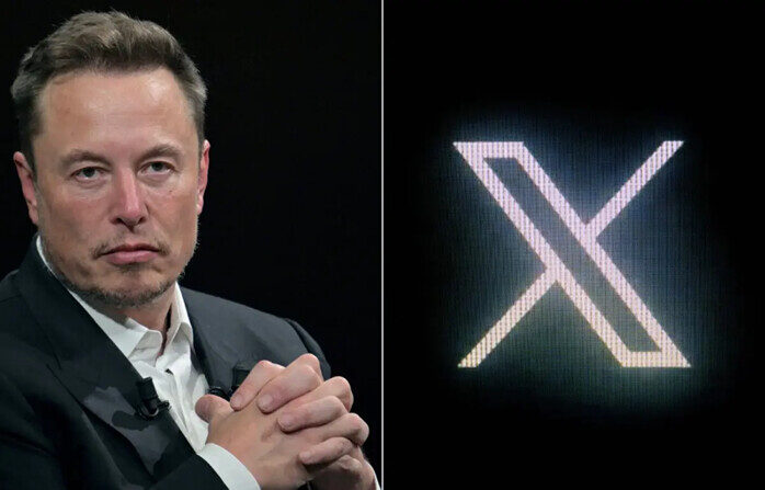 (Izquierda) Elon Musk, director ejecutivo de SpaceX, Twitter y Tesla, durante su visita a un evento en París, el 16 de junio de 2023. (Derecha) El nuevo logotipo de Twitter rebautizado como X, fotografiado en una pantalla en París, el 24 de julio de 2023. (Alain Jocard/AFP vía Getty Images)
