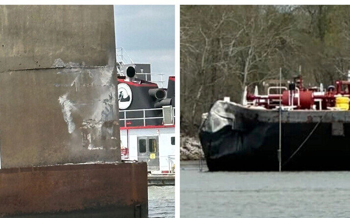 (Izq.) Daños en un pilar de un puente y (der.) en una barcaza después de que chocó contra un puente en el río Arkansas, en Sallisaw, Oklahoma, el 30 de marzo de 2024. (Dayton Holland vía AP)
