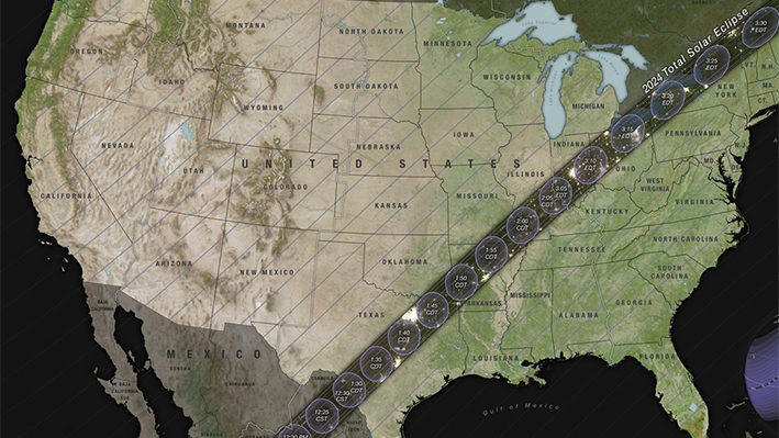 Visualización gráfica sin texto de la trayectoria de la totalidad y los contornos parciales que cruzan EE. UU. para el eclipse solar total de 2024 que tendrá lugar el 8 de abril de 2024 (Cortesía del Estudio de Visualización Científica de la NASA).
