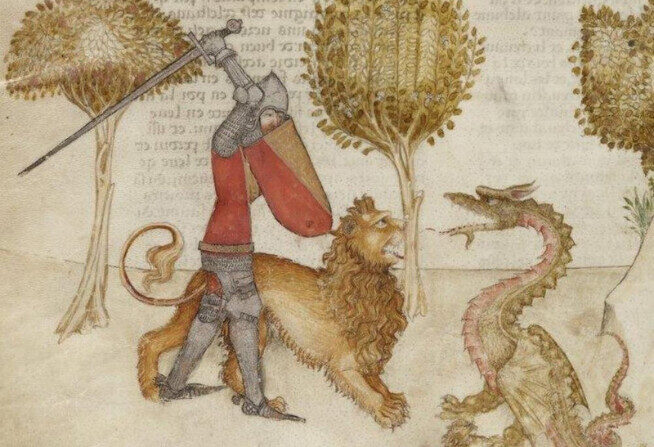 Manuscrito iluminado que ilustra a Yvain luchando contra una serpiente, entre 1380 y 1385. (Dominio público)