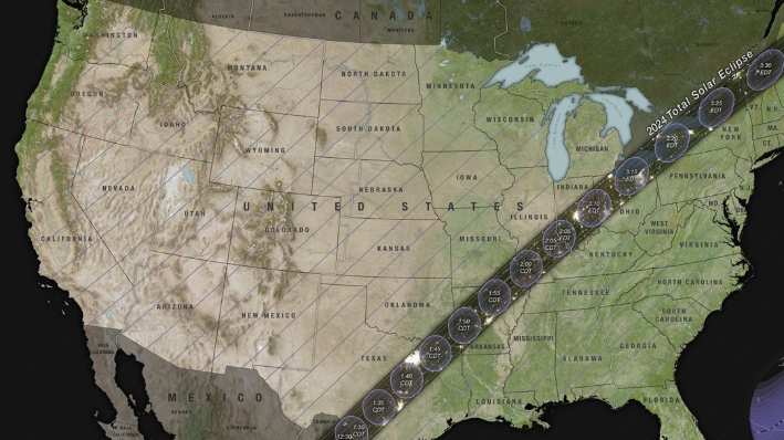 Visualización gráfica sin texto de la trayectoria de la totalidad y los contornos parciales que cruzan EE.UU. para el eclipse solar total que tendrá lugar el 8 de abril de 2024. (Estudio de visualización científica de la NASA)
