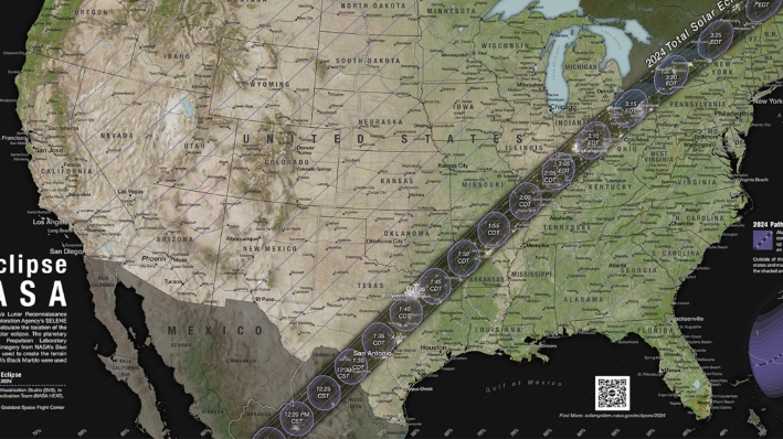 Visualización gráfica de la trayectoria de la totalidad y los contornos parciales que cruzan EE.UU. para el eclipse solar total de 2024 que tendrá lugar el 8 de abril de 2024.(Cortesía del Estudio de Visualización Científica de la NASA)