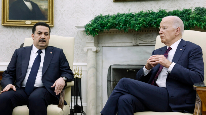 El primer ministro iraquí Mohammed Shia al-Sudani habla junto al presidente estadounidense Joe Biden en el Despacho Oval el 15 de abril de 2024, en Washington. (Anna Moneymaker/Getty Images)