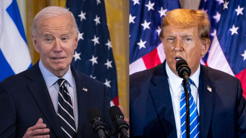 El presidente Joe Biden en Washington el 4 de abril de 2024. (Madalina Vasiliu/The Epoch Times), y el candidato presidencial republicano, el expresidente Donald J. Trump. (Madalina Vasiliu/The Epoch Times)