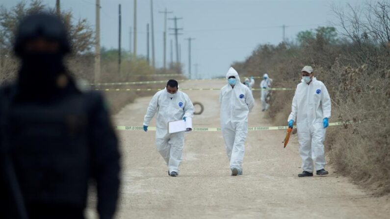 Peritos forenses trabajan en la zona donde fueron hallados cuatro cadáveres en el municipio de Pesquería, en el estado de Nuevo León (México). EFE/STR/Archivo