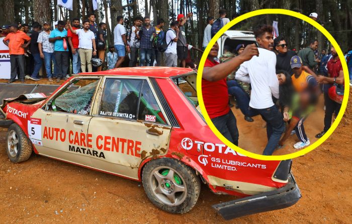 La gente se reúne alrededor de un automóvil que se estrelló contra los espectadores durante el Fox Hill Supercross, un evento de carreras de motor organizado por el ejército de Sri Lanka, en Diyatalawa, Sri Lanka, el domingo 21 de abril de 2024.(Bharatha Mallawarachi/
AP/STR)