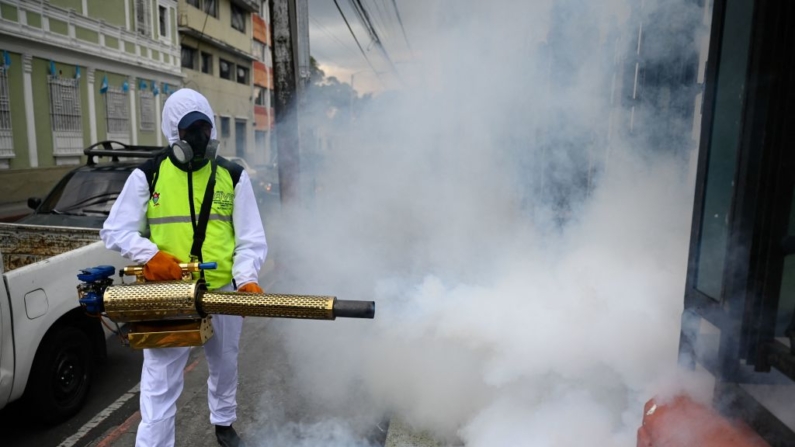 Un trabajador municipal fumiga contra el mosquito Aedes aegypti, vector de los virus del dengue, Zika y Chikungunya, como medida preventiva a las afueras de la iglesia Las Misericordias, en Ciudad de Guatemala (Guatemala), el 30 de agosto de 2023. (Johan Ordenez/AFP vía Getty Images)