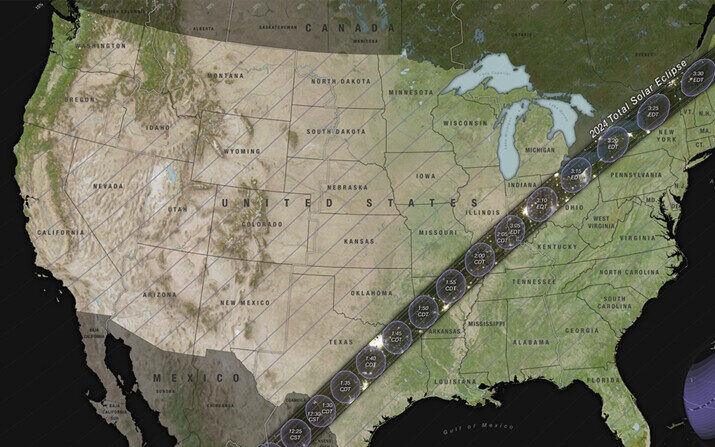 Una visualización gráfica sin texto de la trayectoria de la totalidad y los contornos parciales que cruzan EE.UU. durante el eclipse solar total de 2024, que ocurrirá el 8 de abril de 2024. (Cortesía del Scientific Visualization Studio de la NASA)
