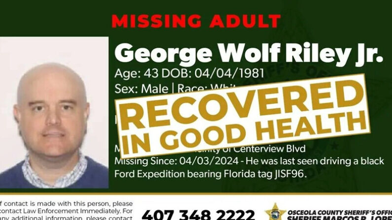 Un aviso público anunciaba que la persona desaparecida, George Riley, Jr., residente de Florida, había sido hallado en buen estado de salud. (Cortesía del Departamento del Sheriff de Osceola)
