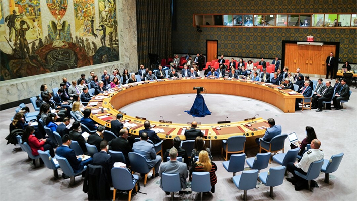 El Consejo de Seguridad de las Naciones Unidas celebra una reunión sobre la situación en Medio Oriente, incluido el reciente ataque de Irán contra Israel, en la sede de la ONU en Nueva York, el 14 de abril de 2024. (Charly Triballeau/AFP vía Getty Images)
