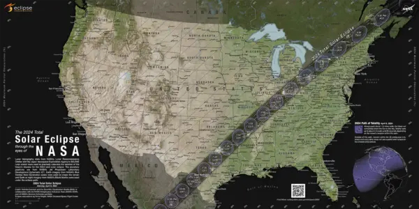 Imagen de la trayectoria de la totalidad y los contornos parciales que cruzan EE.UU. para el eclipse solar total de 2024 que tendrá lugar el 8 de abril de 2024. (Cortesía del Estudio de Visualización Científica de la NASA)
