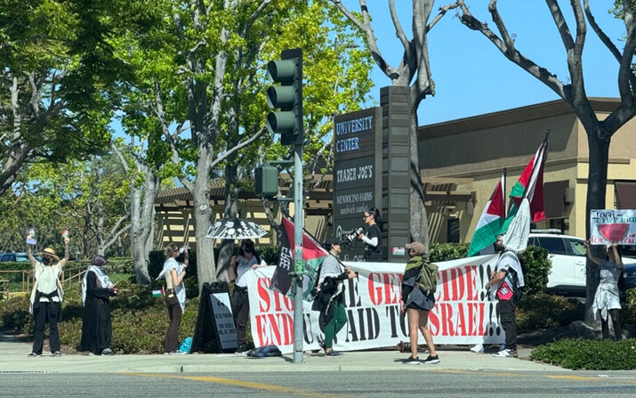 Manifestantes pro-palestinos en la intersección de Campus Drive y W. Peltason Drive cerca de la Universidad de California-Irvine, en Irvine, California, el 29 de abril de 2024. (Rudy Blalock/The Epoch Times)